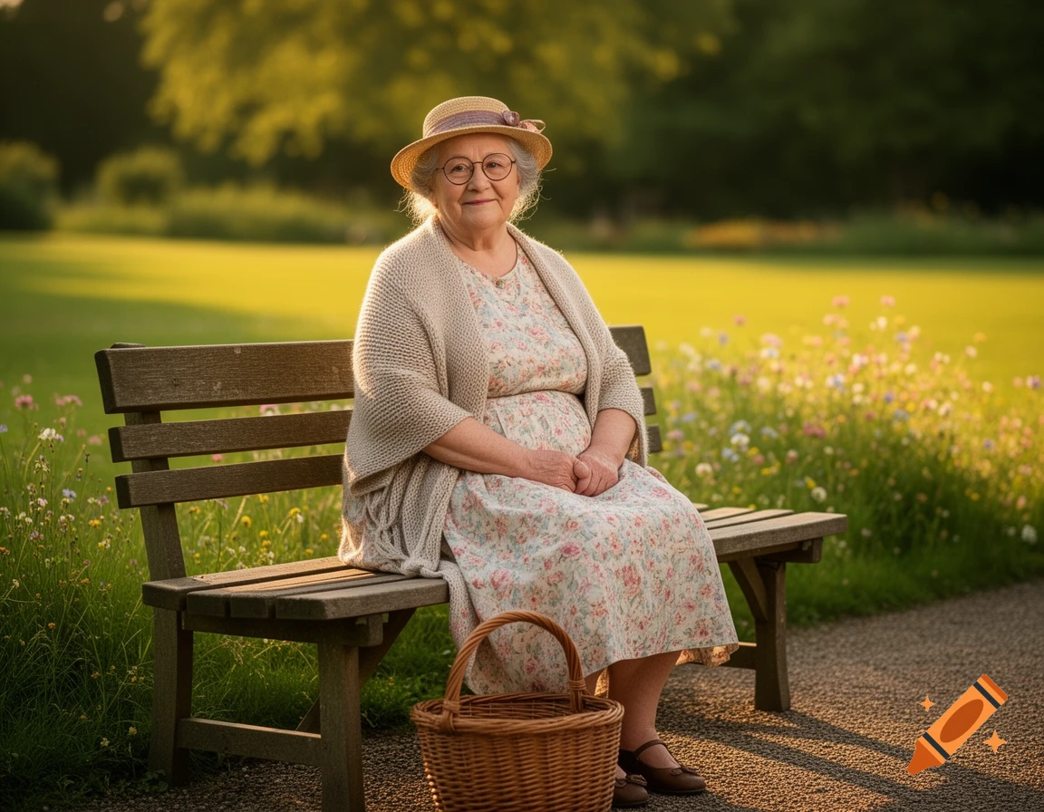 An elderly woman in a hat and shawl sits on a park bench with a basket, bathed in golden sunlight, surrounded by green grass and wildflowers.
