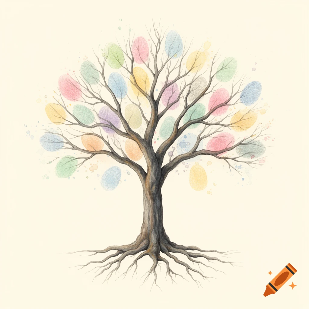 Watercolor illustration of a bare tree with colorful pastel fingerprint-like leaves and exposed roots on a light background.