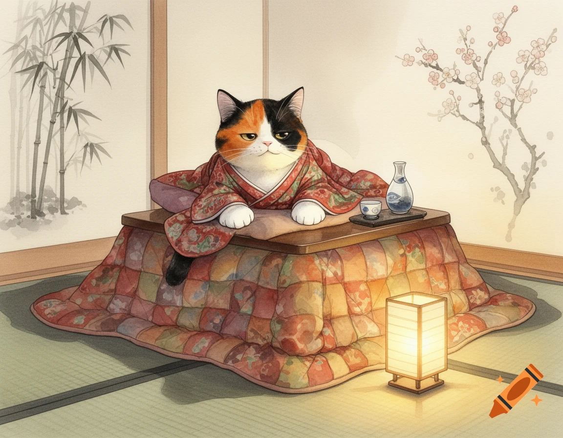 A watercolor illustration of a calico cat in a red kimono lying on a kotatsu table with a sake set in a traditional Japanese room.