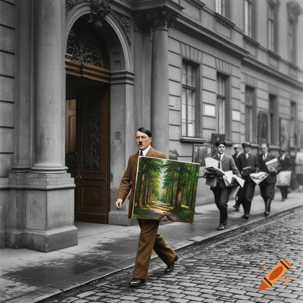 A man resembling Hitler in a brown suit walks on a cobblestone street, carrying a forest painting under his arm, with other people and a building in the background.
