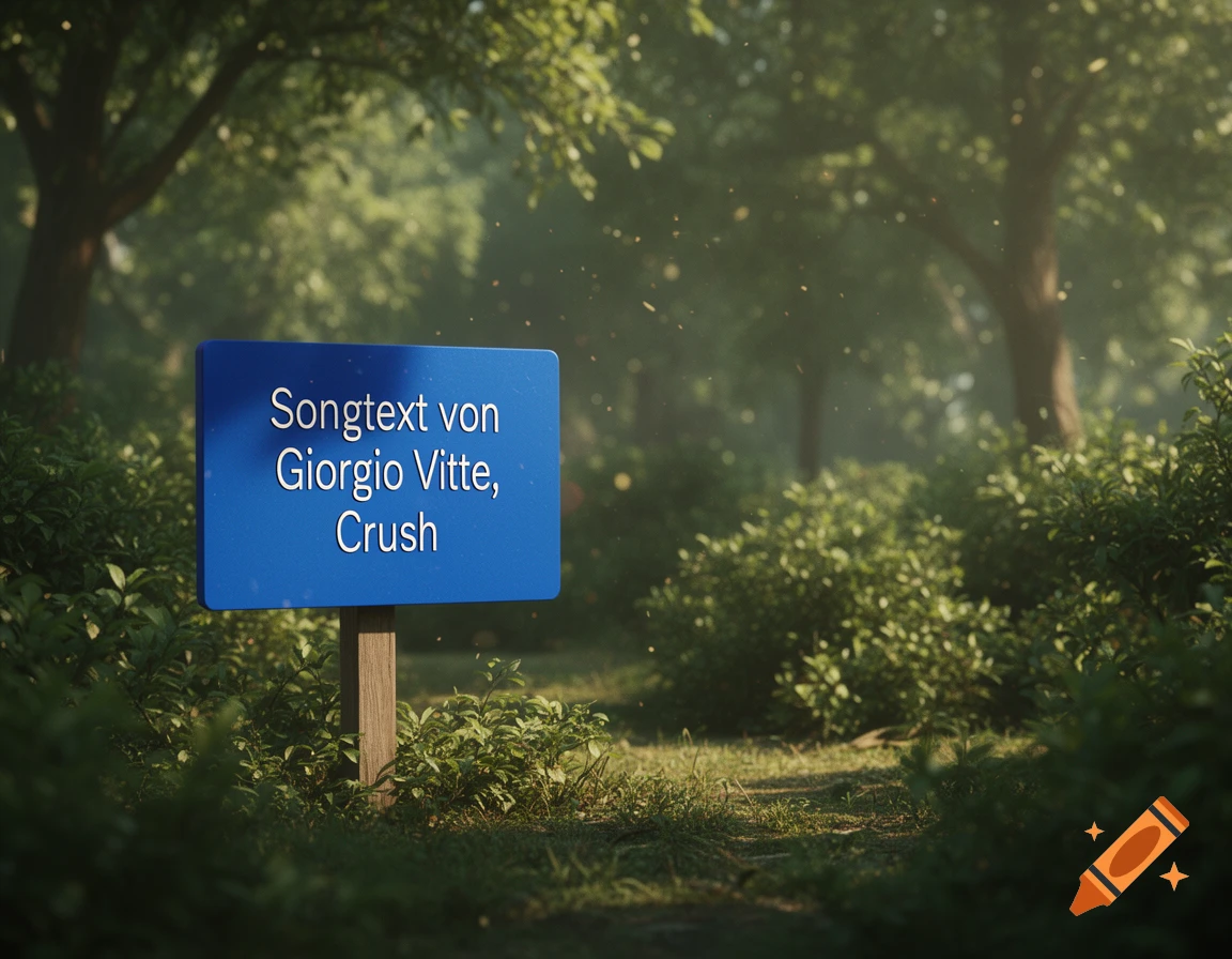 A blue sign reading 'Songtext von Giorgio Vitte, Crush' stands on a wooden post beside a sun-dappled forest path.