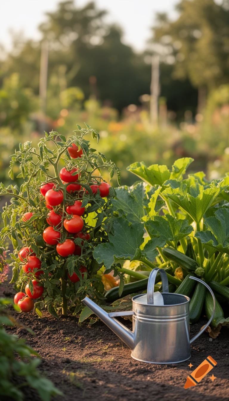 A sunny vegetable garden with a vigorous tomato plant bearing red tomatoes, a zucchini plant, and a metal watering can.