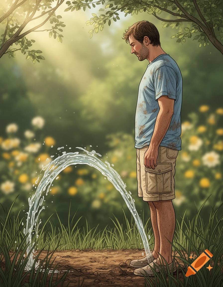 An illustrated man in a blue shirt and cargo shorts urinates in a sunny, green garden with yellow flowers.