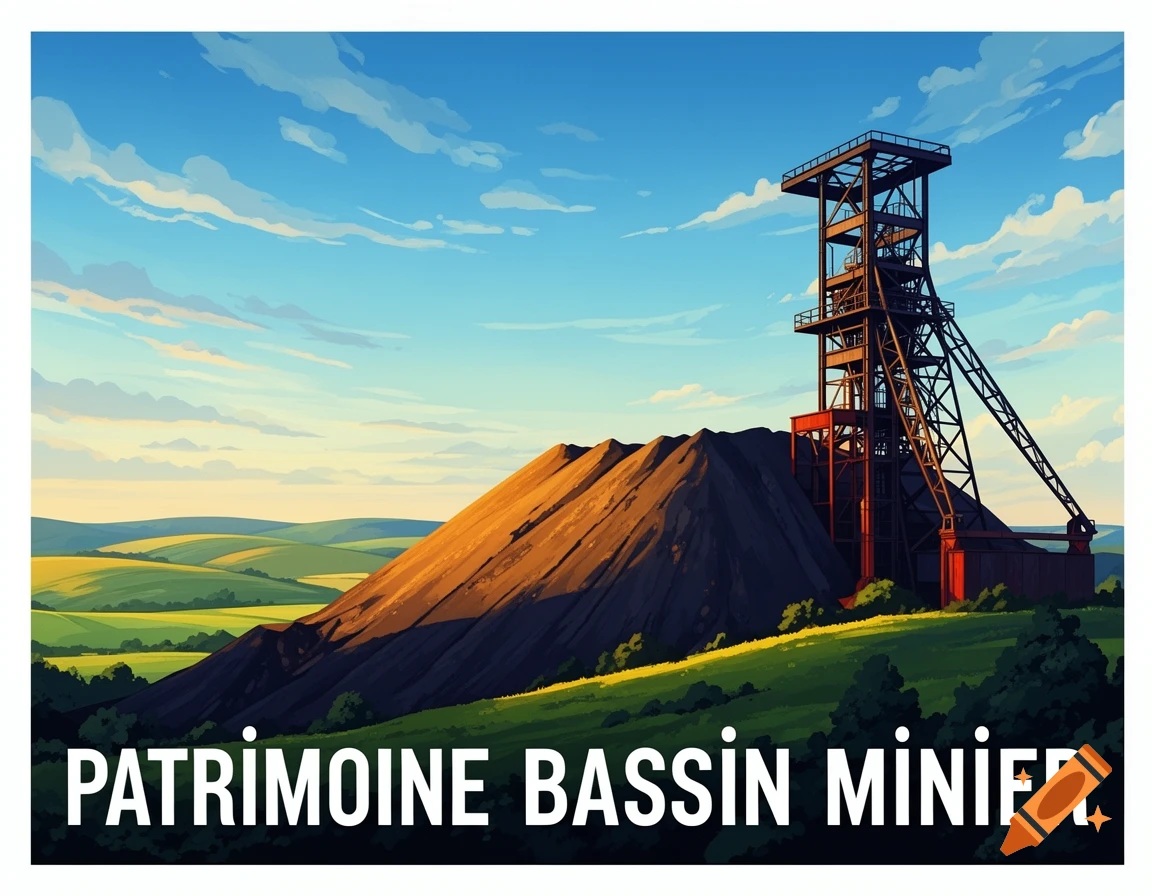 A graphic poster of a mining landscape with a large spoil tip and a headframe under a blue sky, with text 'PATRIMOINE BASSIN MINIER' at the bottom.