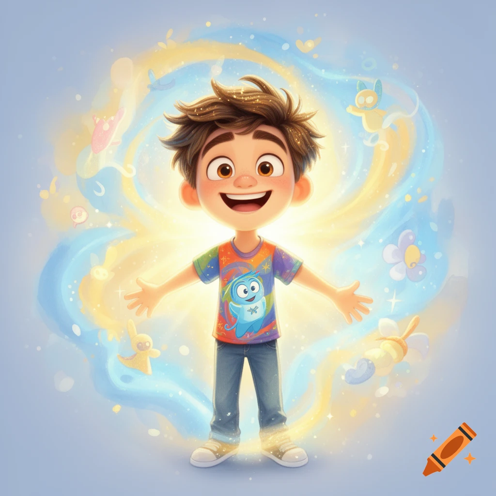 A joyful cartoon boy with brown hair and a colorful shirt stands with arms open, surrounded by glowing blue and yellow swirls and small whimsical creatures.