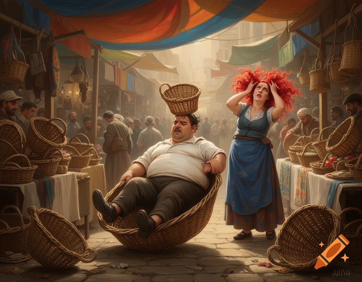 A portly man sits comically stuck in a large overturned basket at a market stall, a small basket balanced on his head, while a red-haired woman throws her hands up in exasperation.