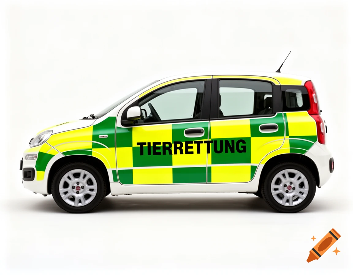 White Fiat Panda animal rescue vehicle with green and yellow Battenberg markings and "TIERRETTUNG" text on its side, on a white background.