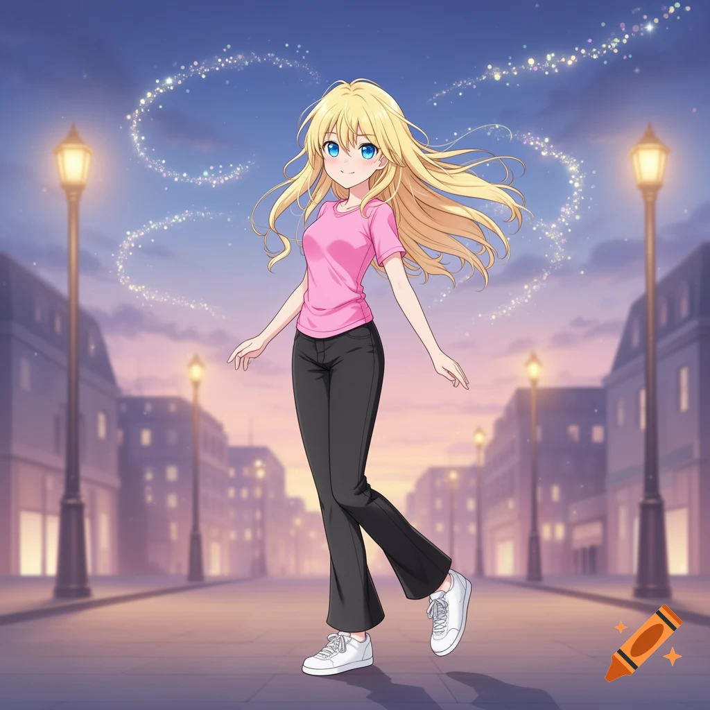 A smiling blonde anime girl in a pink shirt, black pants, and white shoes walks on an urban street at dusk with magical sparkles.