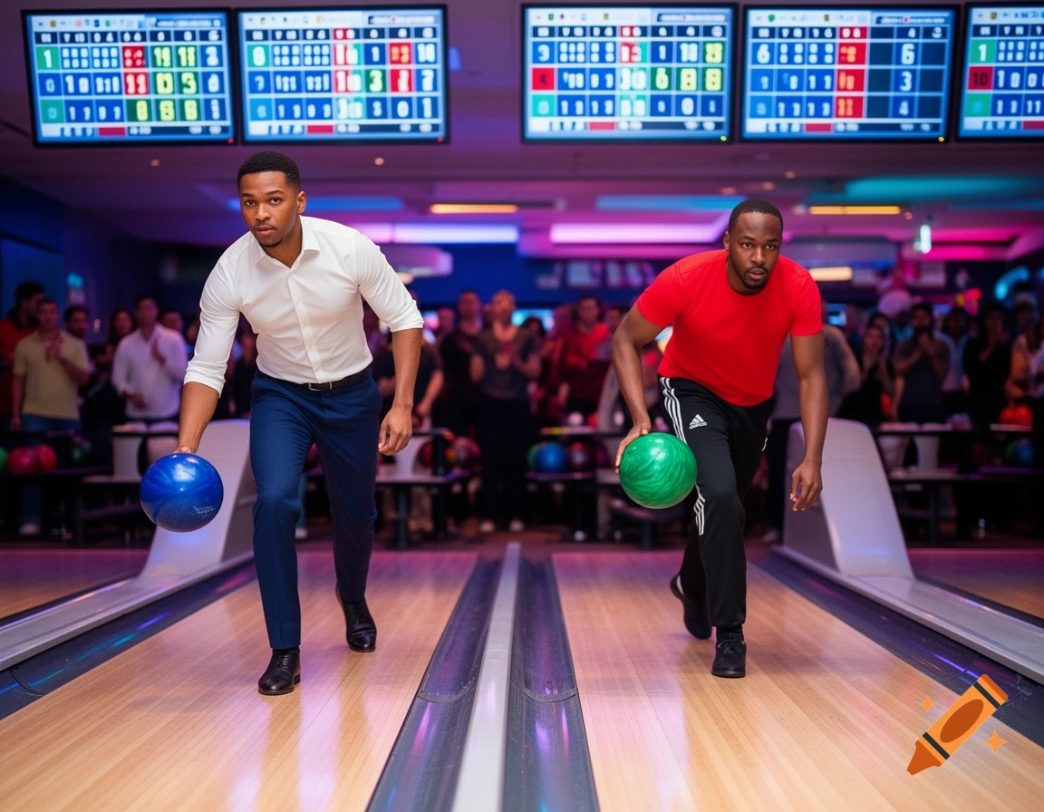 Two men bowling in a brightly lit alley, one in a white shirt and blue pants with a blue ball, and another in a red shirt and black track pants with a green ball. Scoreboards are visible in the background.