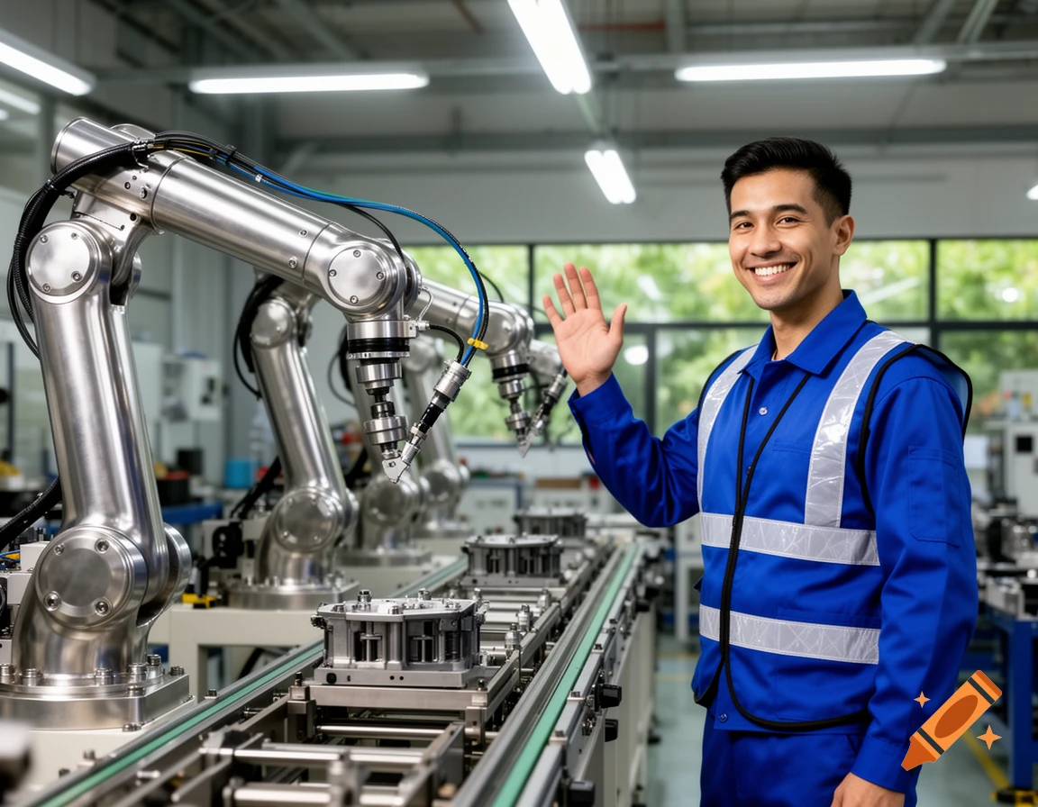 A smiling factory worker in a blue uniform and safety vest waves next to an industrial robotic assembly line.