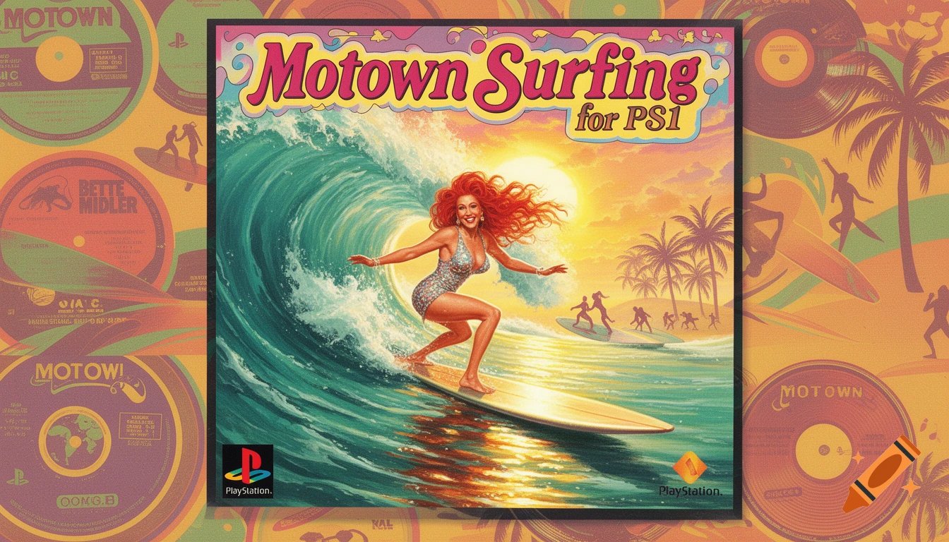 A colorful retro-style PS1 game cover for 'Motown Surfing' featuring a red-haired woman on a surfboard riding a wave under a setting sun.