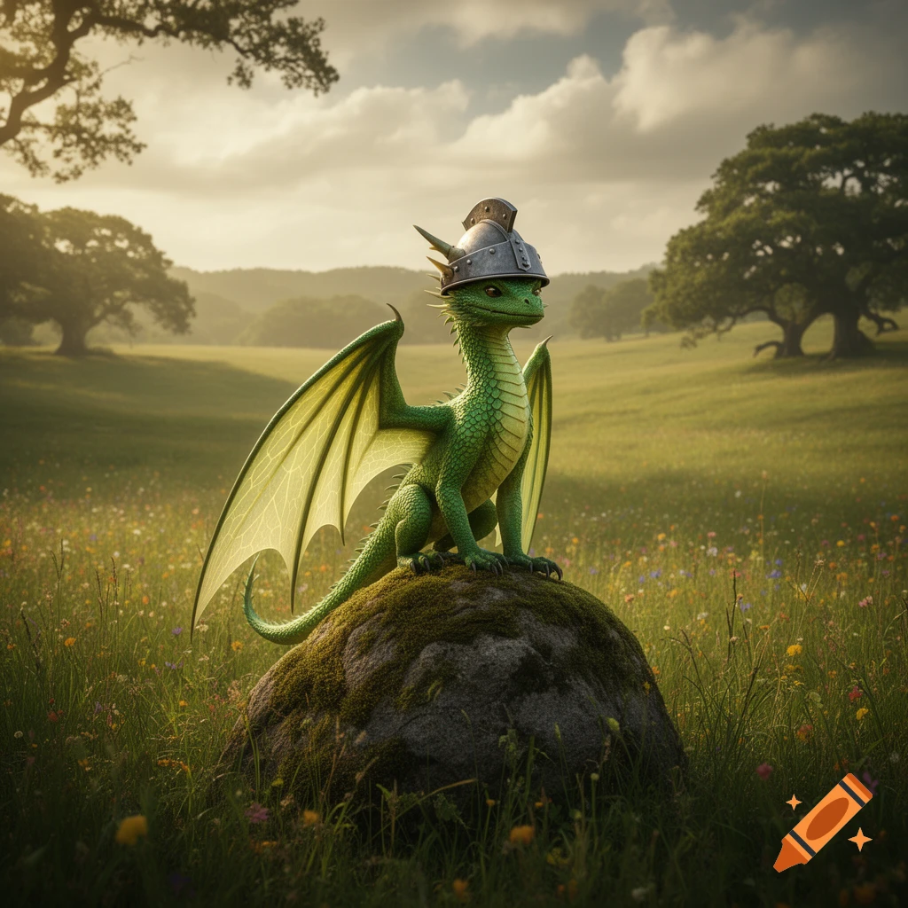 A cute young green dragon with large wings and a small metal helmet sits on a mossy rock in a sunlit field with trees and wildflowers.