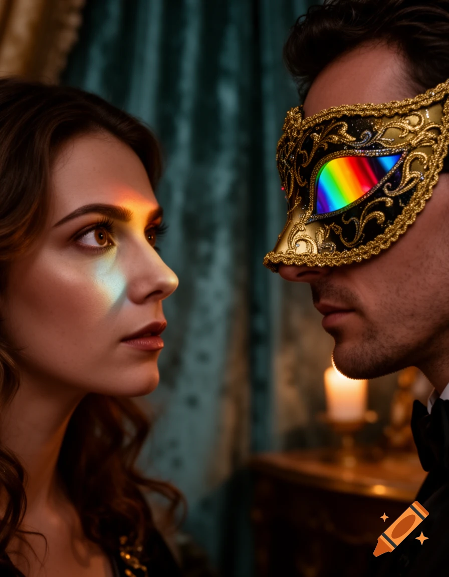 Close-up of a woman looking intently at a man wearing an ornate gold Venetian mask with rainbow lenses, candlelight in background.