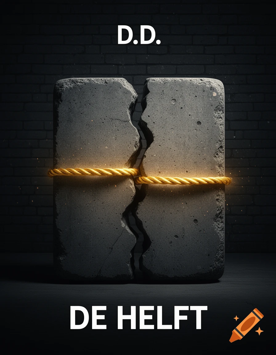 A cracked concrete block, bound by glowing golden rope, against a dark brick wall with text 'D.D.' and 'DE HELFT'. It evokes a movie poster style.