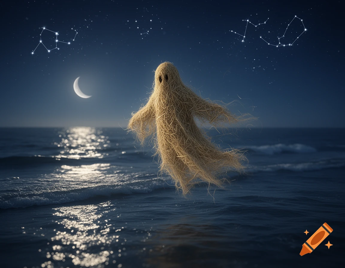 A floaty, legless ghost made of hay hovers over a moonlit ocean at night, with constellations visible in the sky.