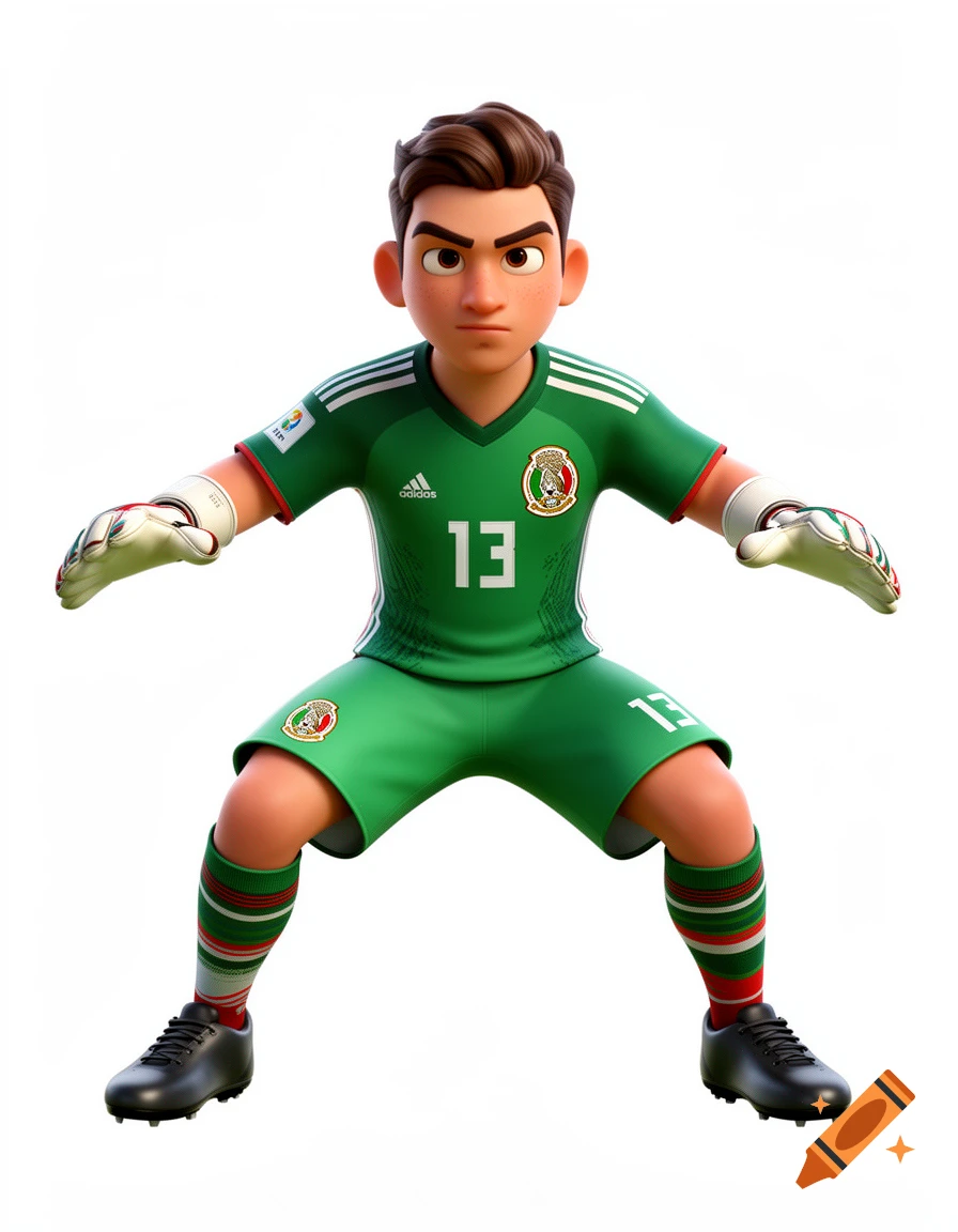 3D cartoon of a Mexican soccer goalkeeper in a green uniform with number 13, wearing gloves, in a penalty save stance against a white background.