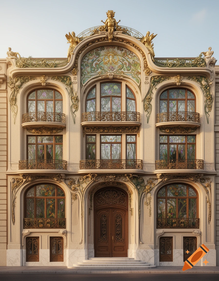 A detailed, ornate Art Nouveau building facade featuring stained glass windows, elaborate balconies, and gilded sculptures under a clear sky.