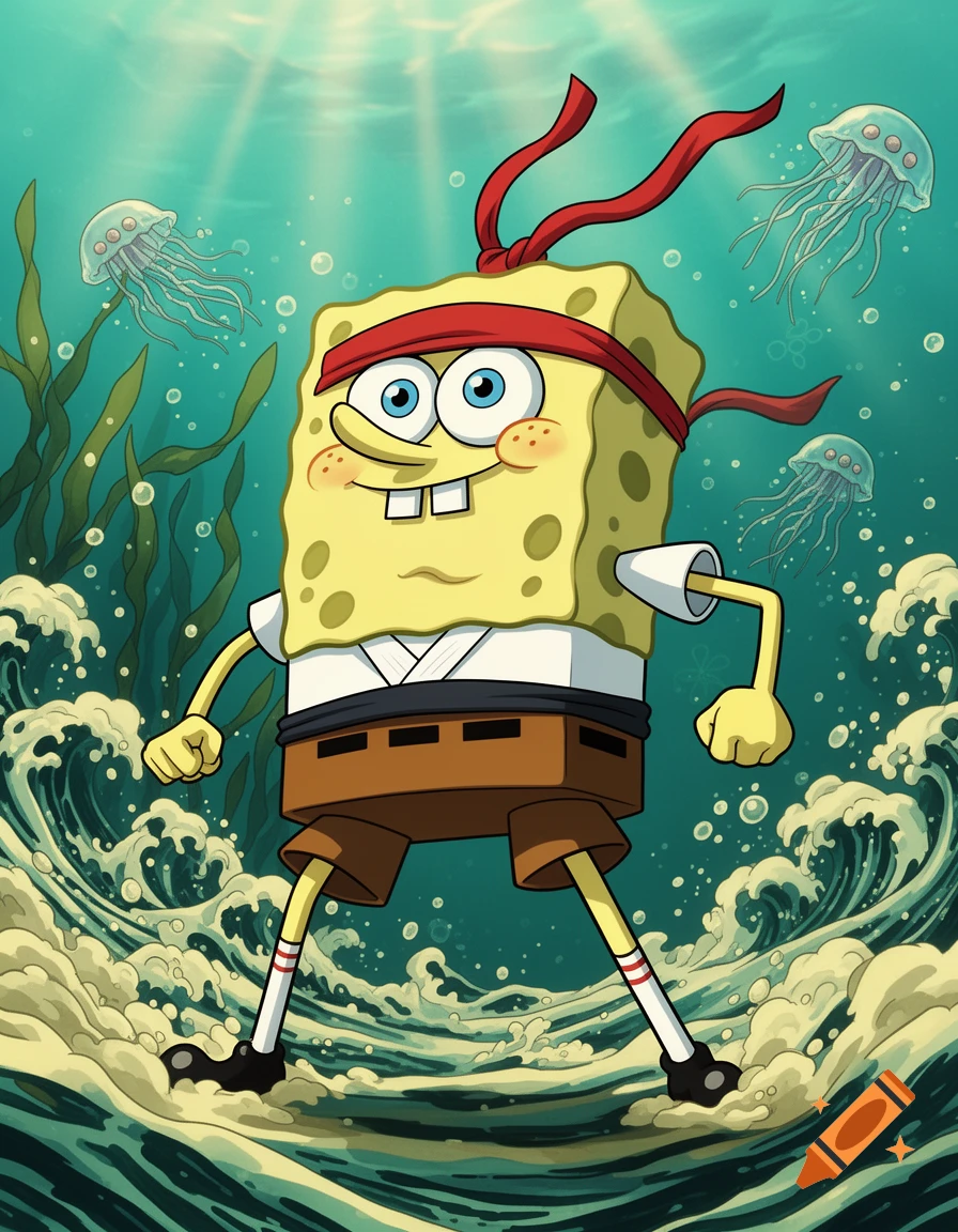 Spongebob Squarepants in a red headband and white gi, posing in ocean waves with jellyfish and seaweed, anime style.