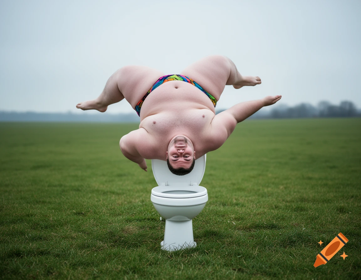 An obese man in colorful speedos is upside down, balancing on a toilet in a grassy field, smiling at the camera.