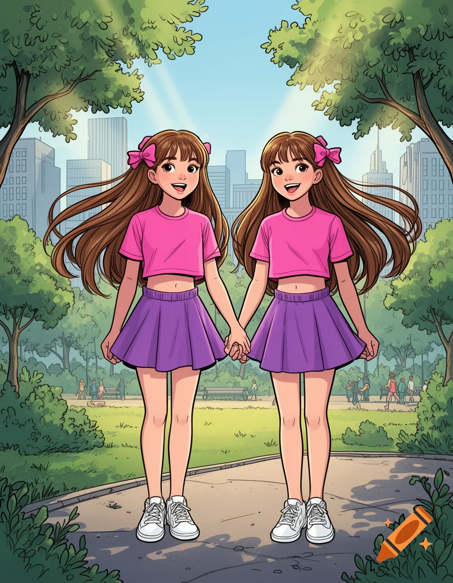 Two cartoon teenage twin girls with long brown hair, pink bows, pink crop tops, and purple skirts hold hands in a sunny city park.