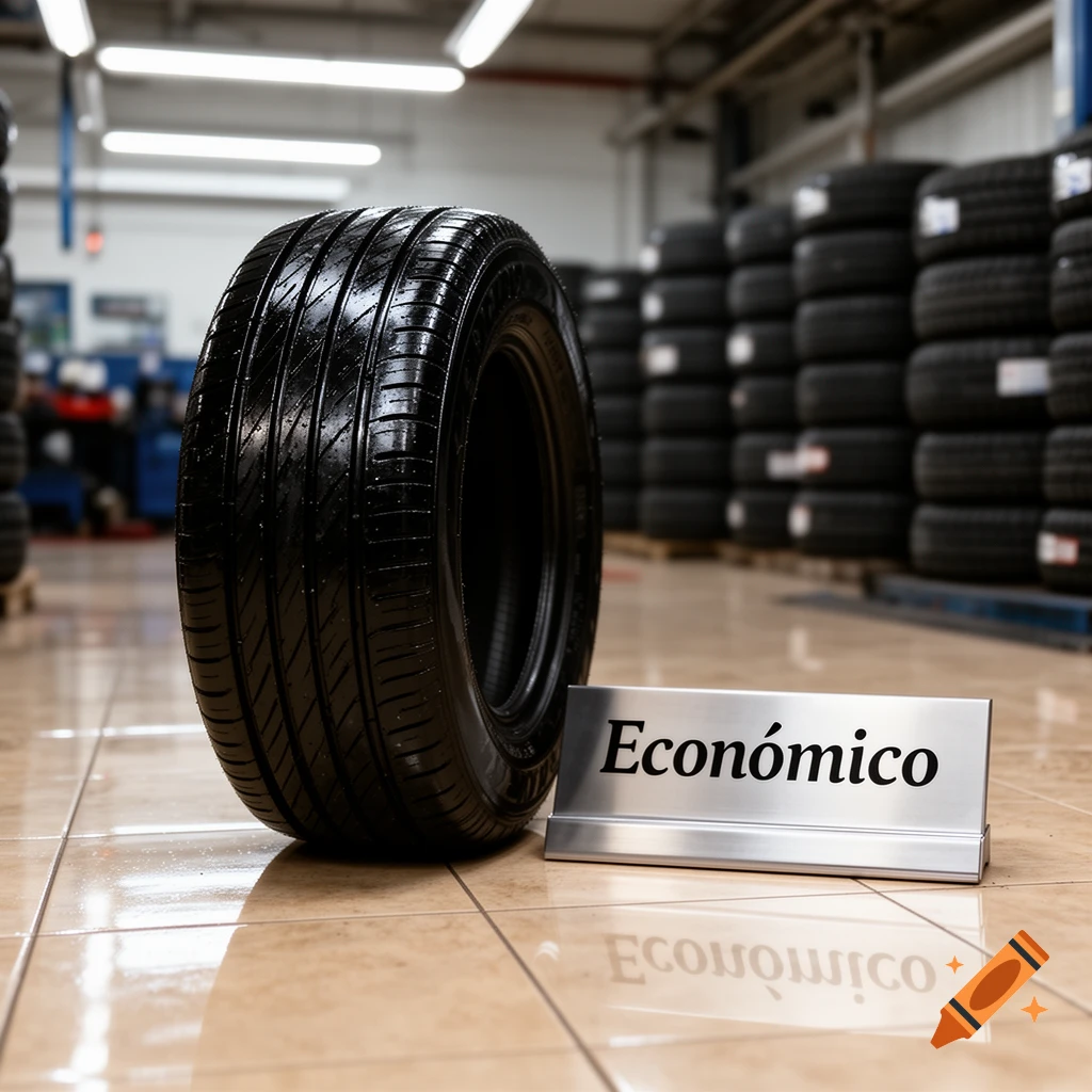 A single black car tire stands on a tiled floor in a tire shop, with a silver sign reading "Económico" nearby. Photorealistic.