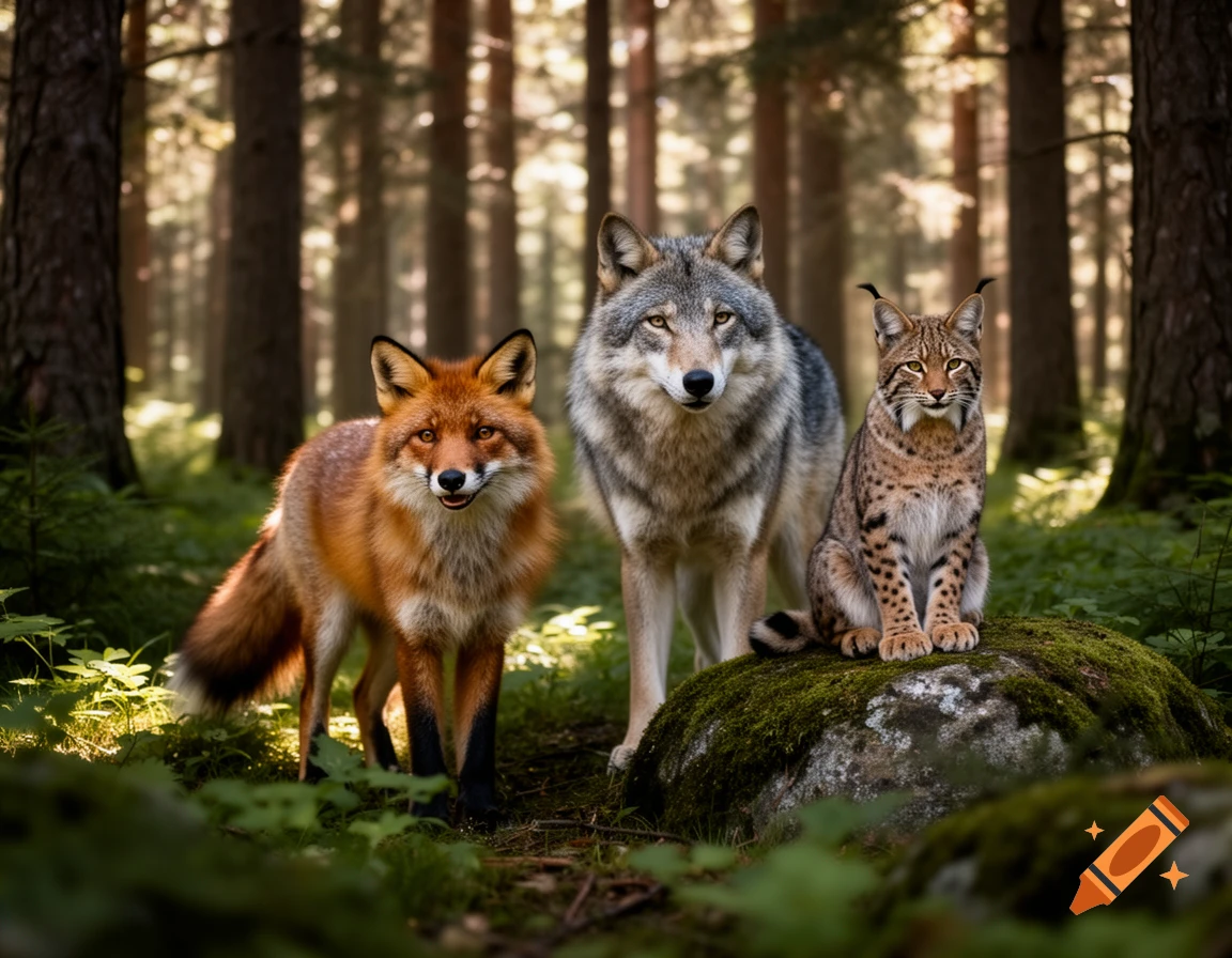A photorealistic image of a red fox, a gray wolf, and a spotted lynx standing in a sunlit forest.