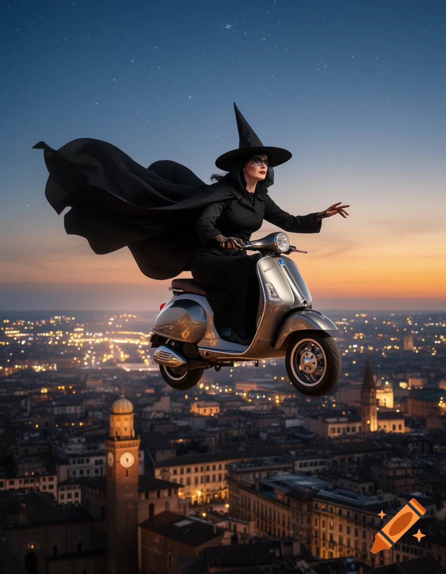 A witch in a black cape and hat rides a flying silver scooter over a twinkling city at dusk.