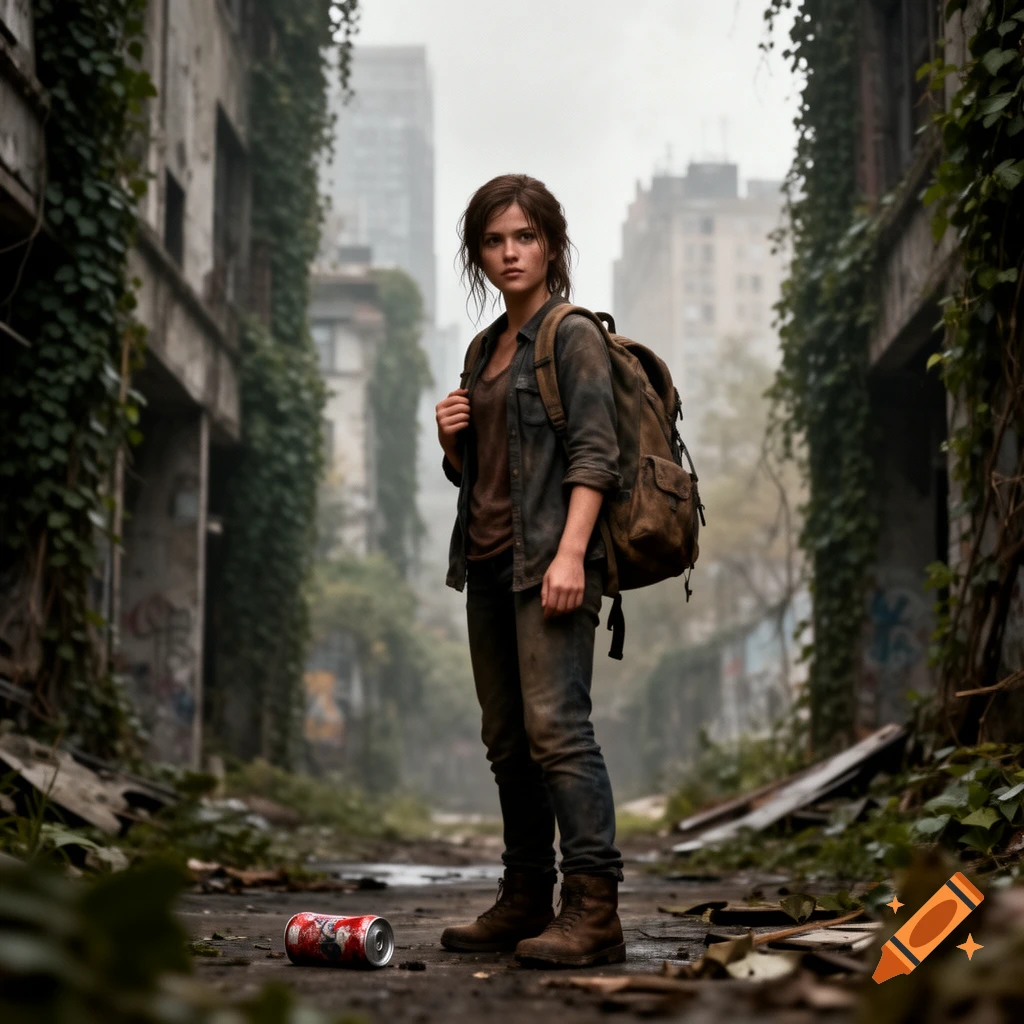 A young woman, Ellie, with a backpack stands in a desolate, overgrown city street, looking determined. Photorealistic style.