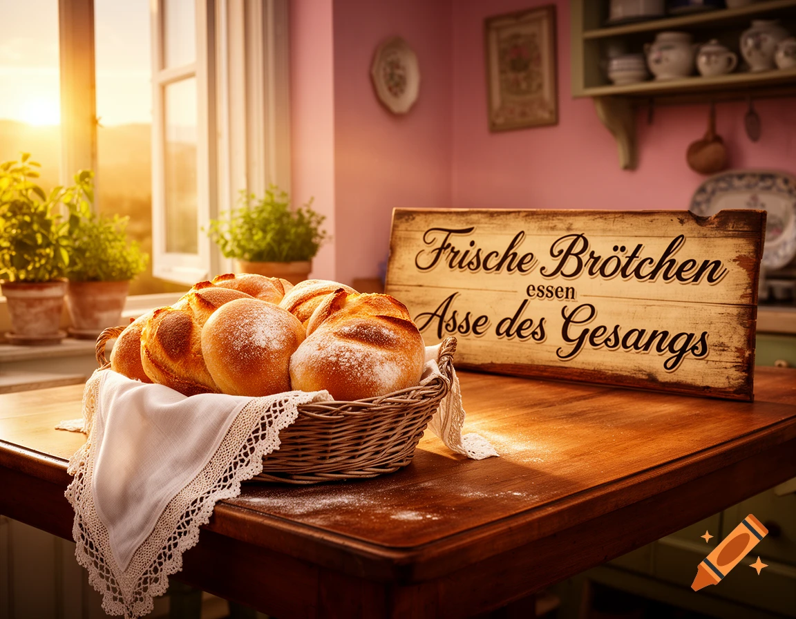 A rustic kitchen scene with a basket of fresh bread rolls on a wooden table next to a window, a wooden sign with German text is behind the basket.