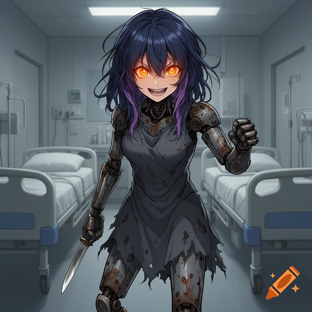 Anime robot girl with glowing orange eyes, messy dark hair, a tattered dress, holding a knife with a crazed expression in a hospital room.