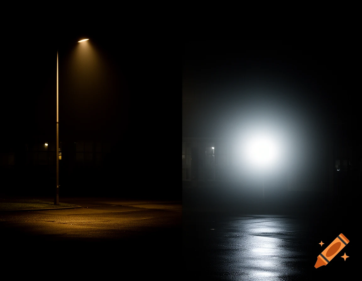 A diptych showing a yellow streetlight on a wet road in darkness on the left, and a bright white light on a wet road in darkness on the right.