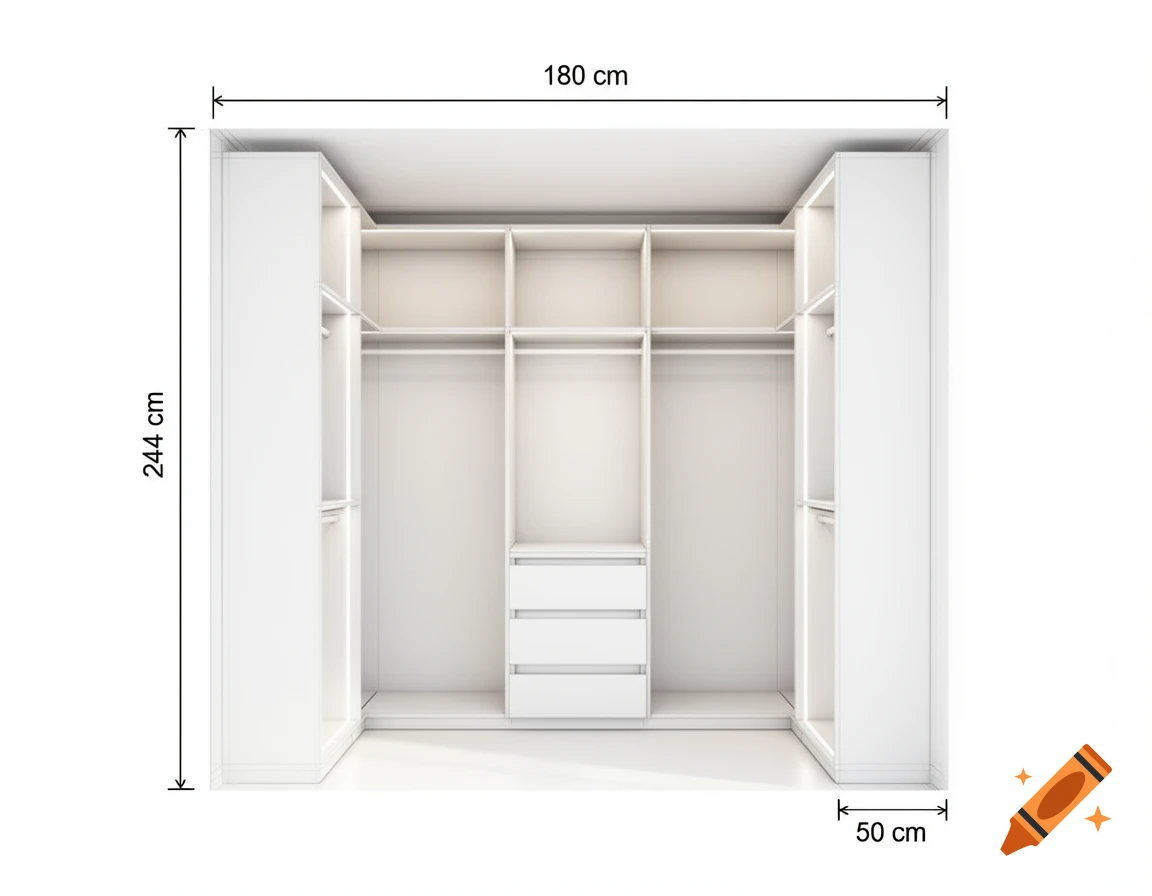 A white closet interior diagram showing dimensions: 180 cm wide, 244 cm high, and 50 cm deep.