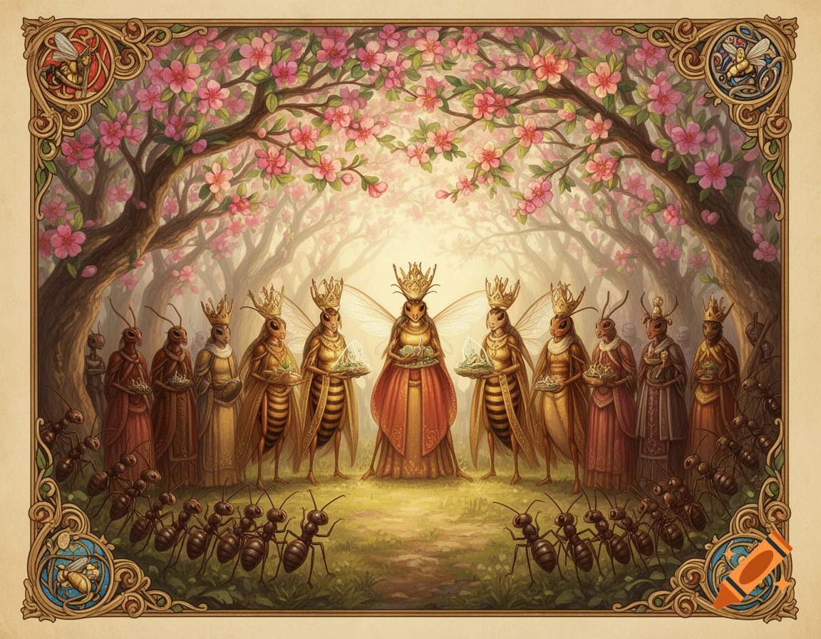 An ornate storybook illustration of anthropomorphic insect queens and their subjects under an arch of pink flowering trees.