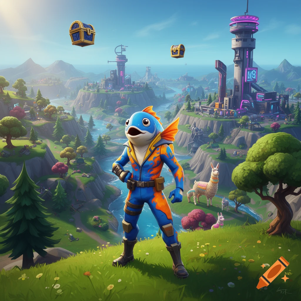 Fortnite's Fishstick character on a grassy hill overlooking a vibrant cartoon valley with futuristic buildings, a river, floating chests, and llamas.