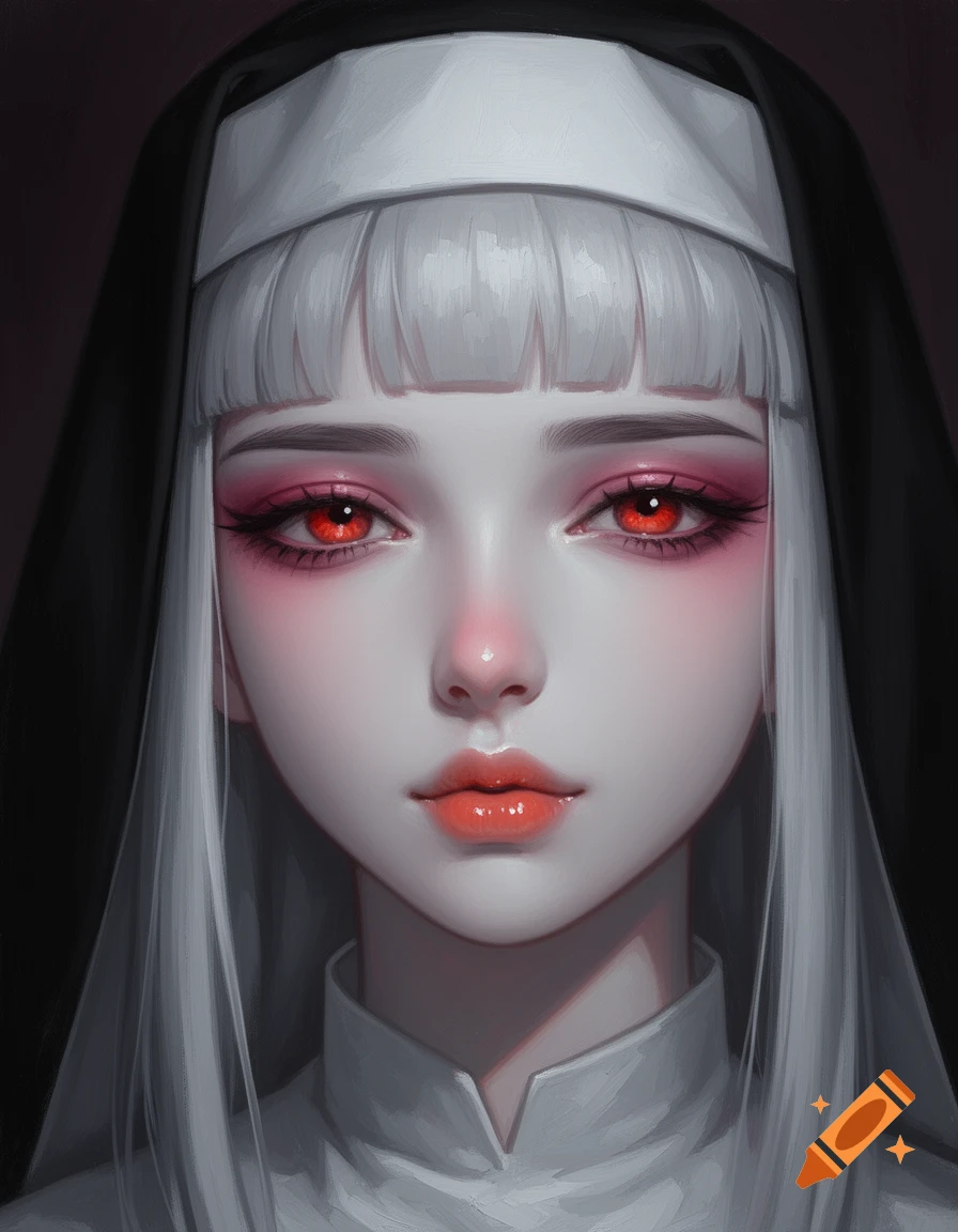 A gothic anime portrait of a nun with silver-white hair, pale skin, vibrant red eyes, and glossy coral lips, against a dark background.