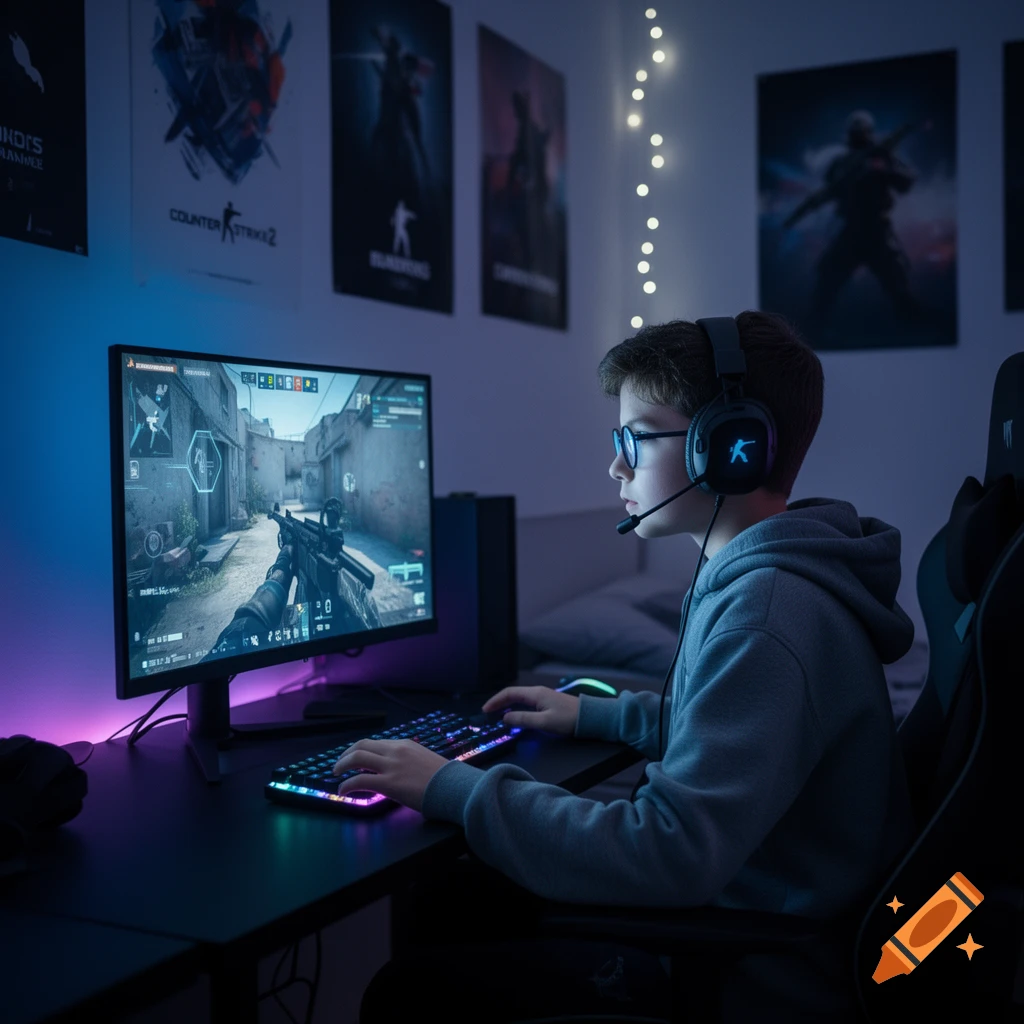 A young boy with glasses and a headset sits at a desk playing Counter-Strike on a computer in a dimly lit room with gaming posters and string lights.