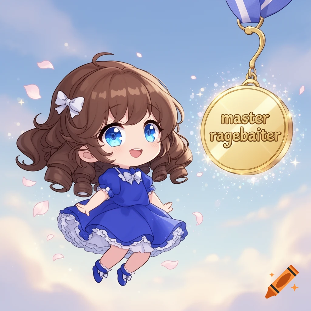 A floating anime chibi girl with brown hair and blue eyes, in a blue dress, next to a gold medal reading 'master ragebaiter' against a sky background.