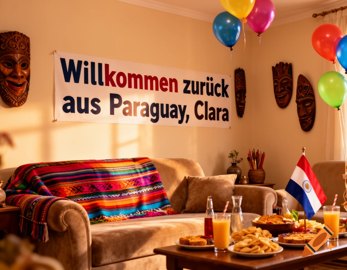 Photorealistic image of a living room decorated for a welcome party, featuring a banner, balloons, snacks, drinks, and a Paraguayan flag.
