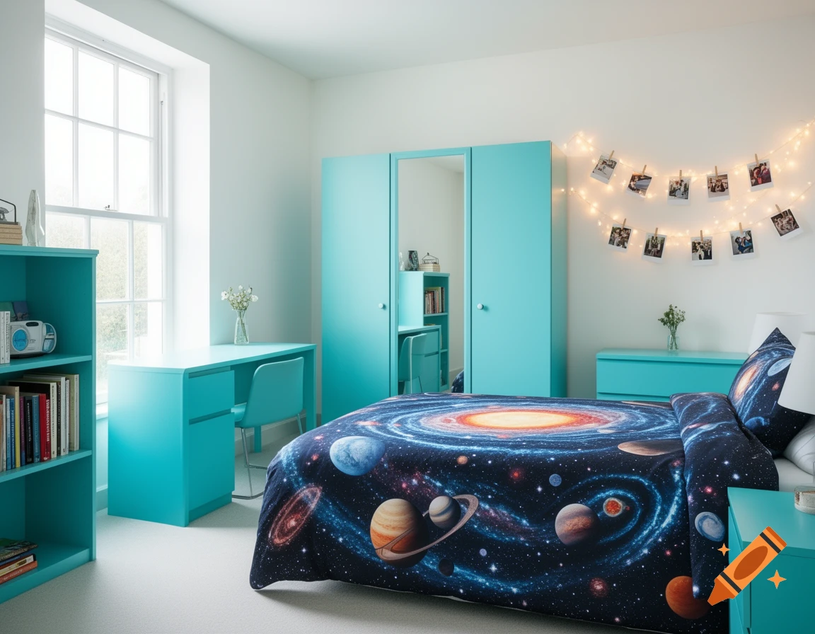 Bright bedroom with white walls and aqua furniture, featuring a bed with a solar system duvet, a desk, a bookshelf, and fairy lights with photos.