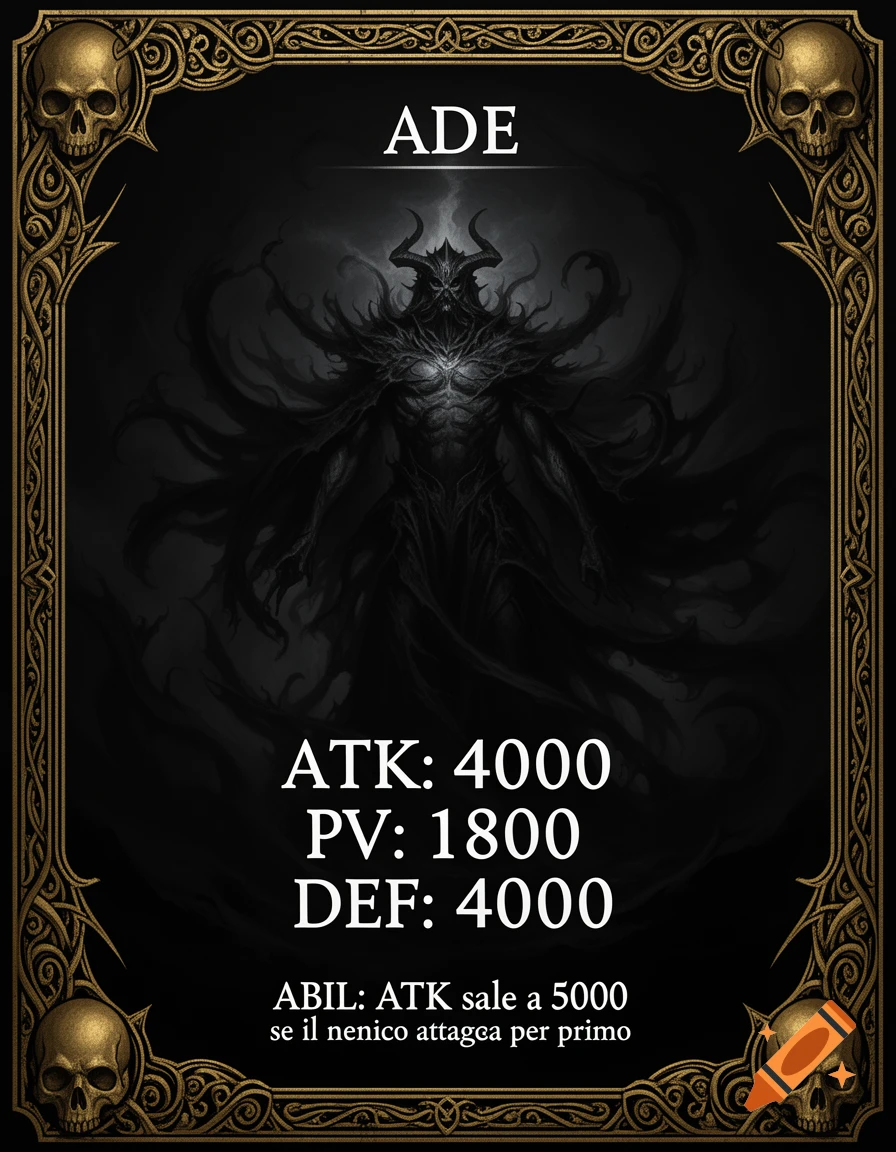 A dark fantasy trading card featuring the god Ade, a shadowy horned figure, with gold skull borders and game stats.