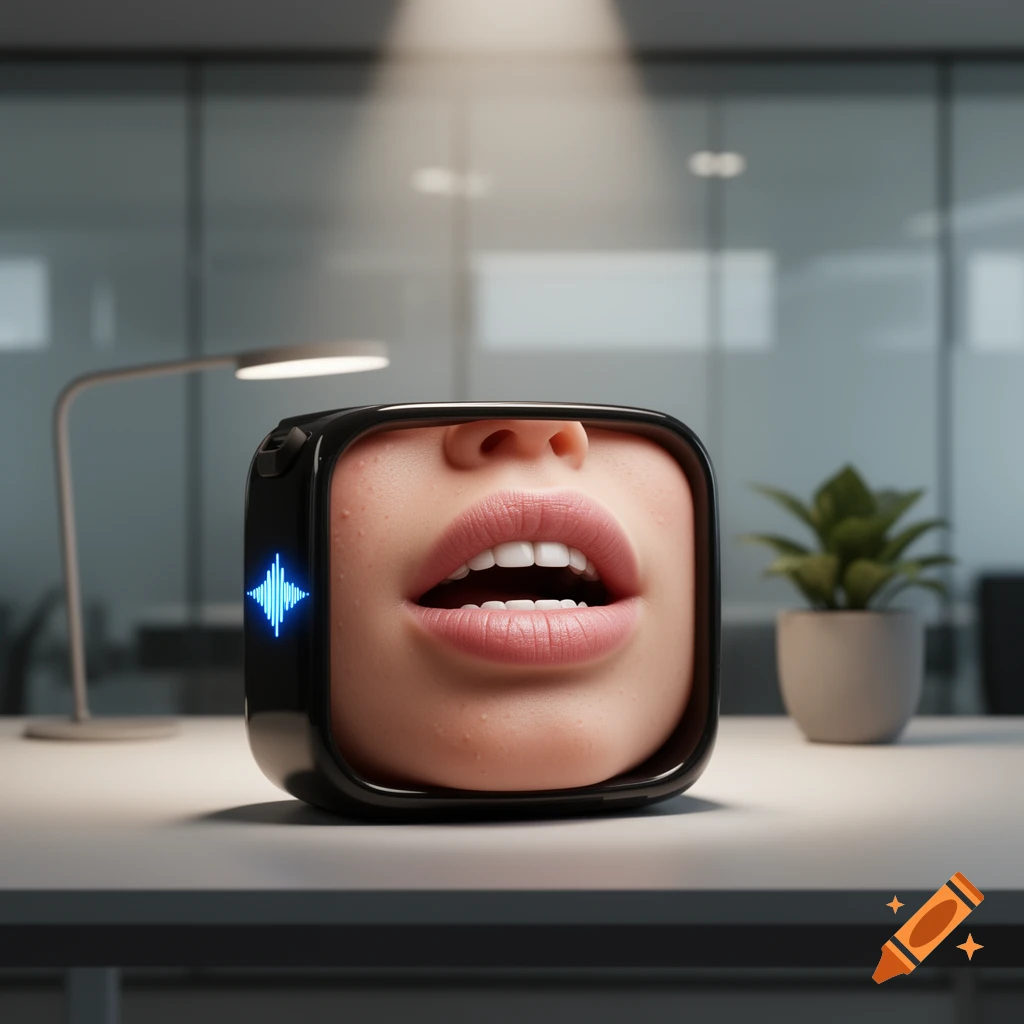 A black, square device features a large, open human mouth on its screen, with a blue soundwave icon, set on an office desk.