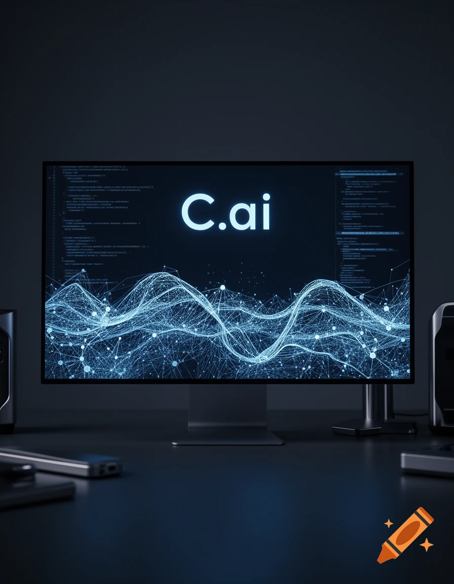 A computer monitor displays 'C.ai' in glowing white letters over a blue network data visualization, with blurred code in the background.