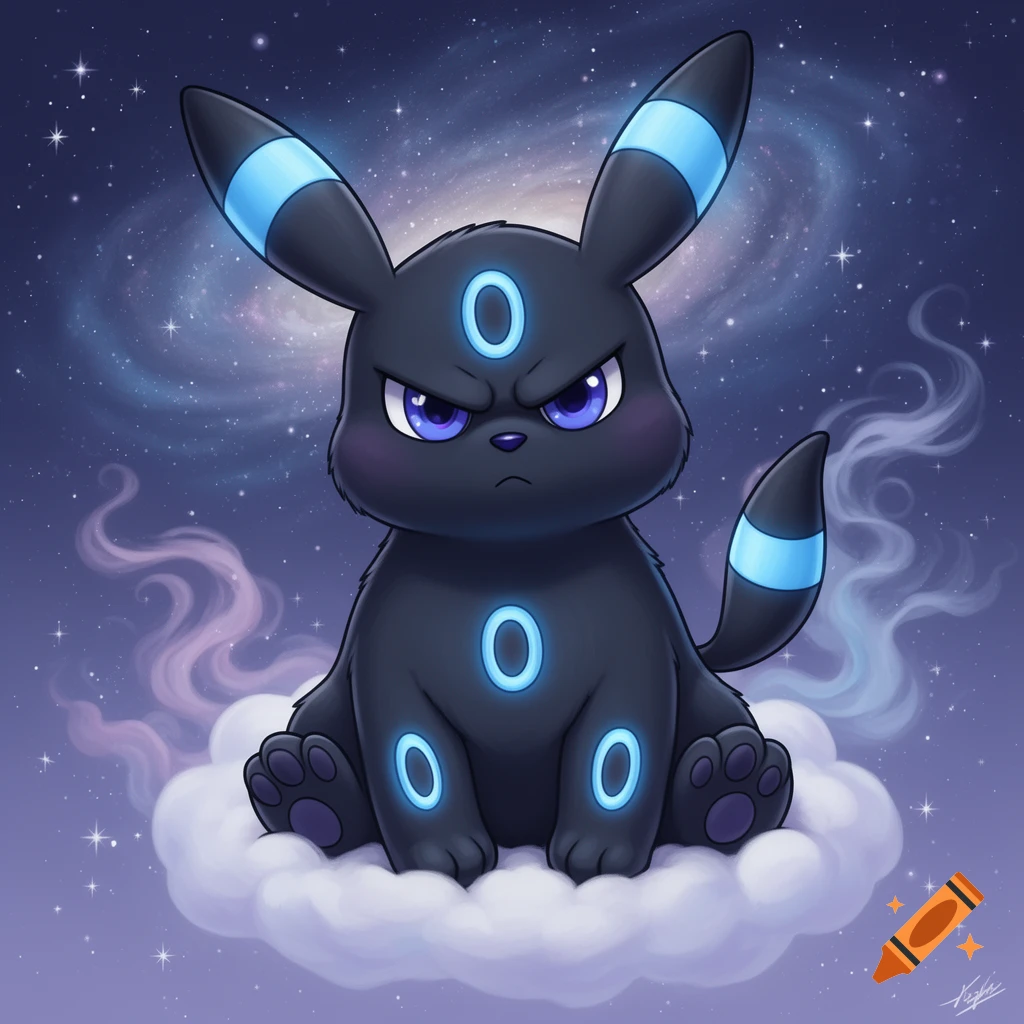 A grumpy black Umbreon Pokemon with blue glowing rings sits on a cloud, set against a galaxy full of stars in a cartoon style.