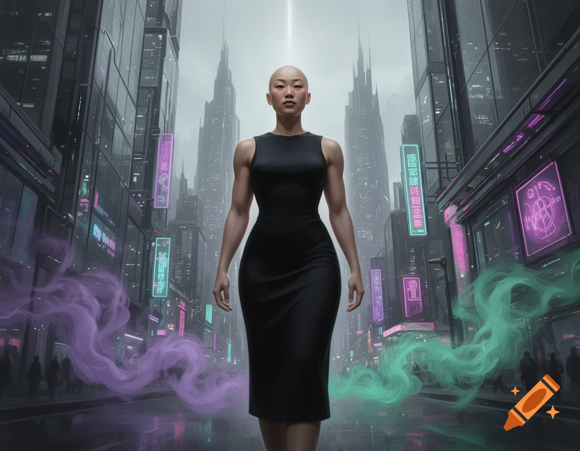 A bald Asian woman in a sleeveless black midi dress walks down a futuristic cyberpunk city street with neon signs and glowing mist.
