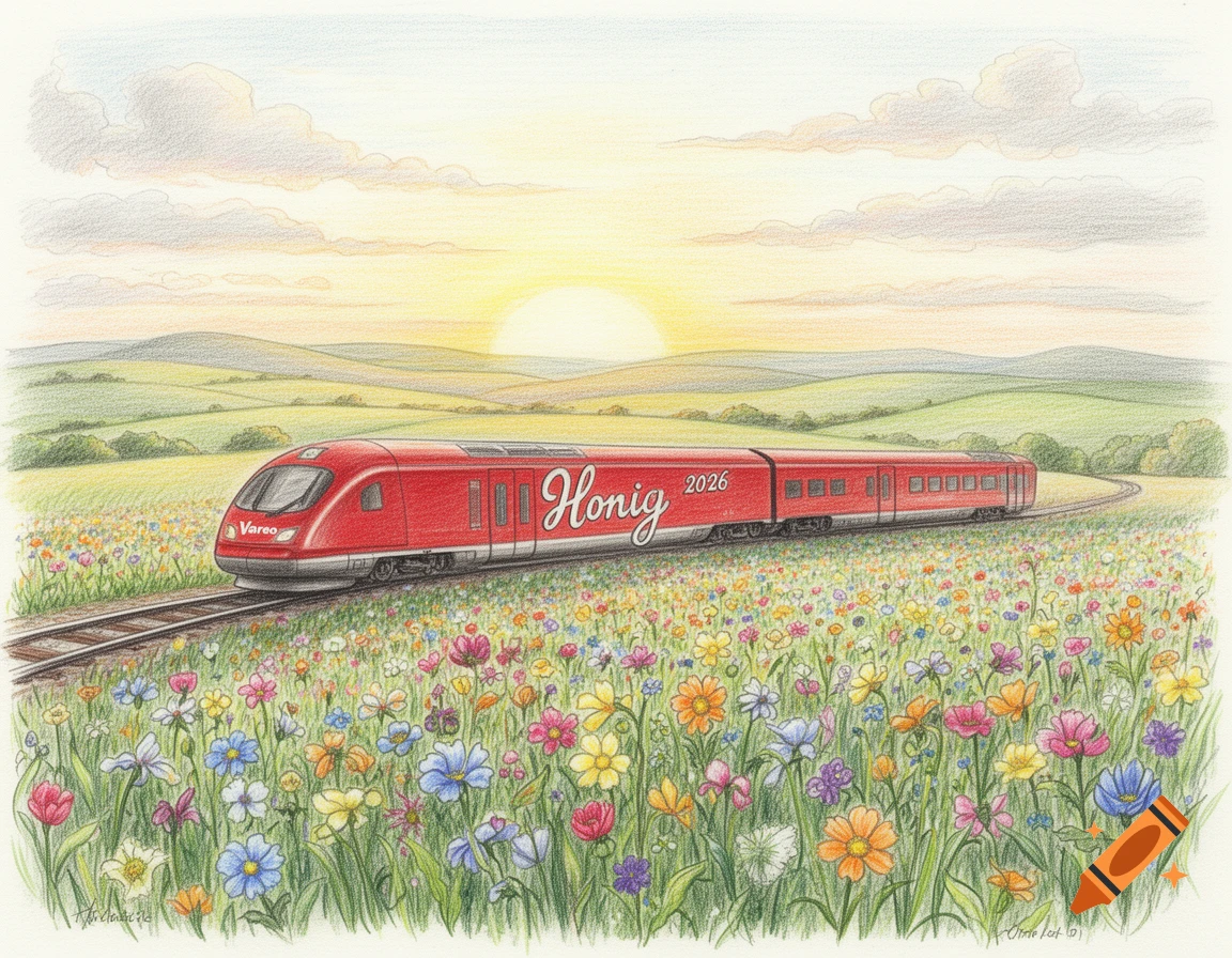 Hand-drawn illustration of a red train marked 'Vareo', 'Honig', and '2026' traveling through a vibrant wildflower meadow at sunrise.