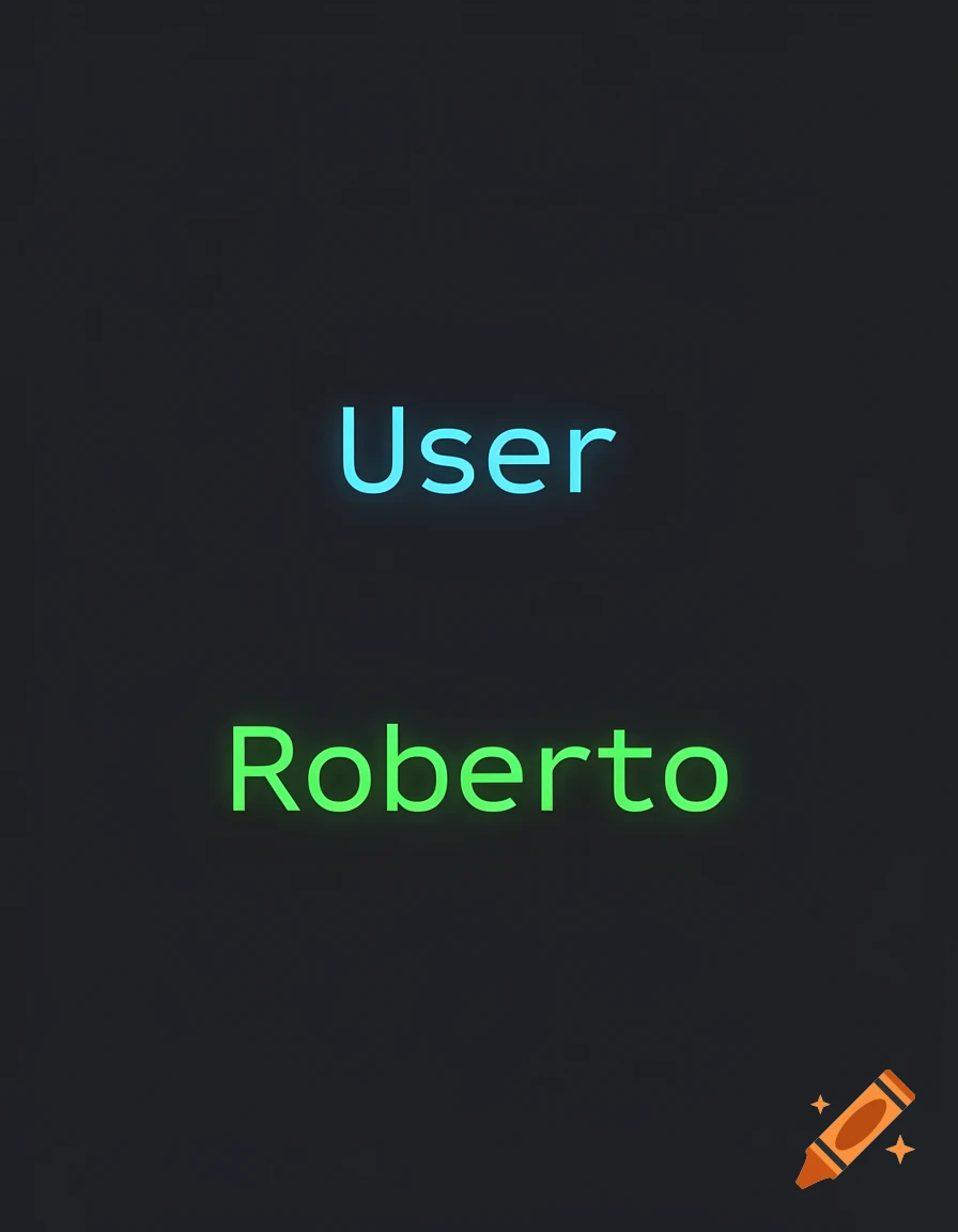 The word 'User' in glowing cyan above 'Roberto' in glowing green, set against a dark, minimalist background with a terminal-like font.