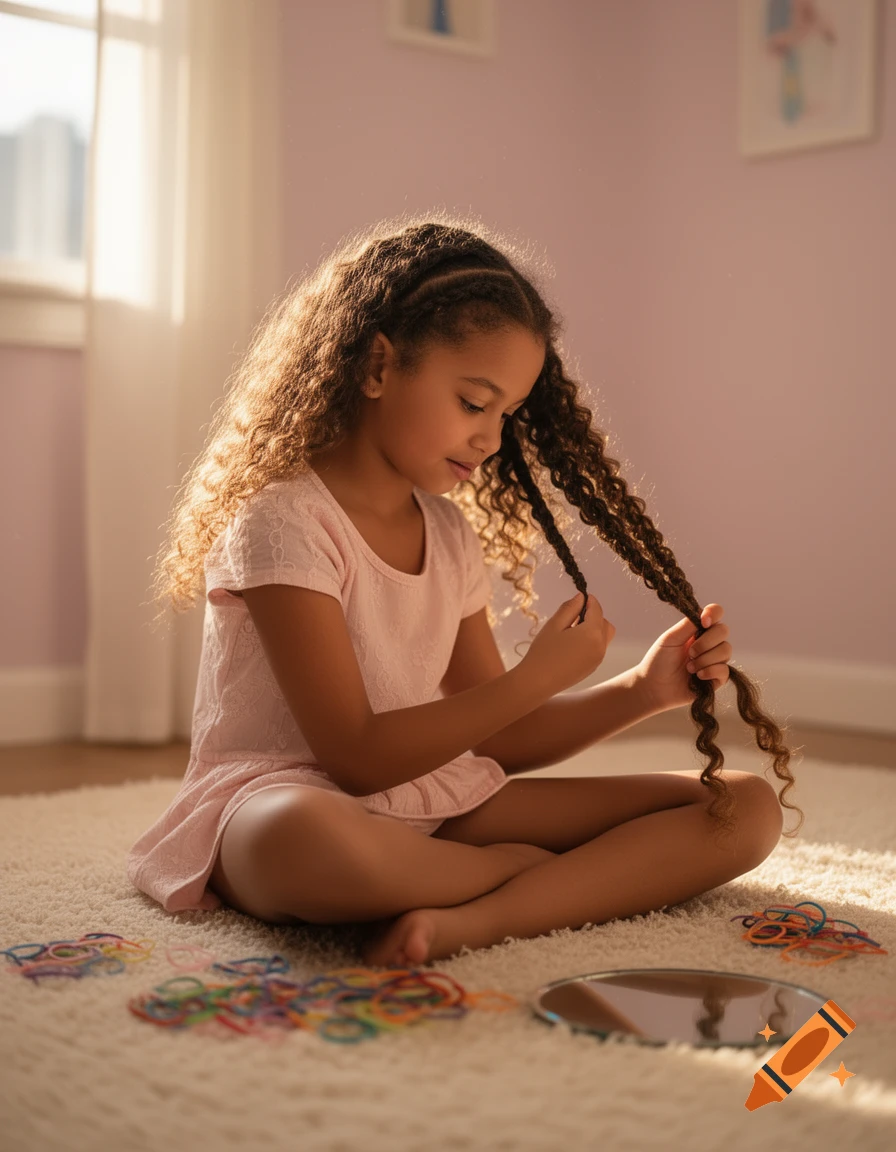 A light-skinned Black girl sits on a rug, braiding her long curly hair, surrounded by colorful hair ties.