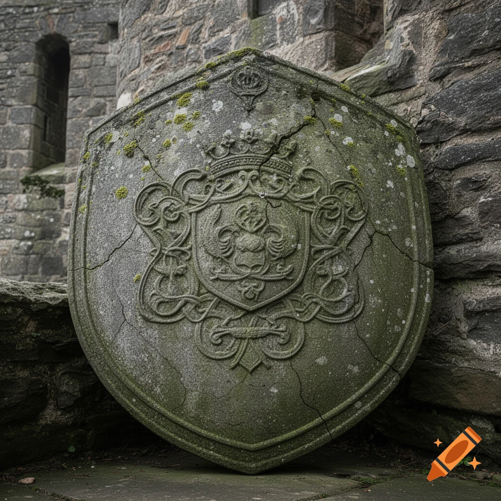 Weathered stone shield with an ornate crest leaning against a moss-covered stone castle wall.