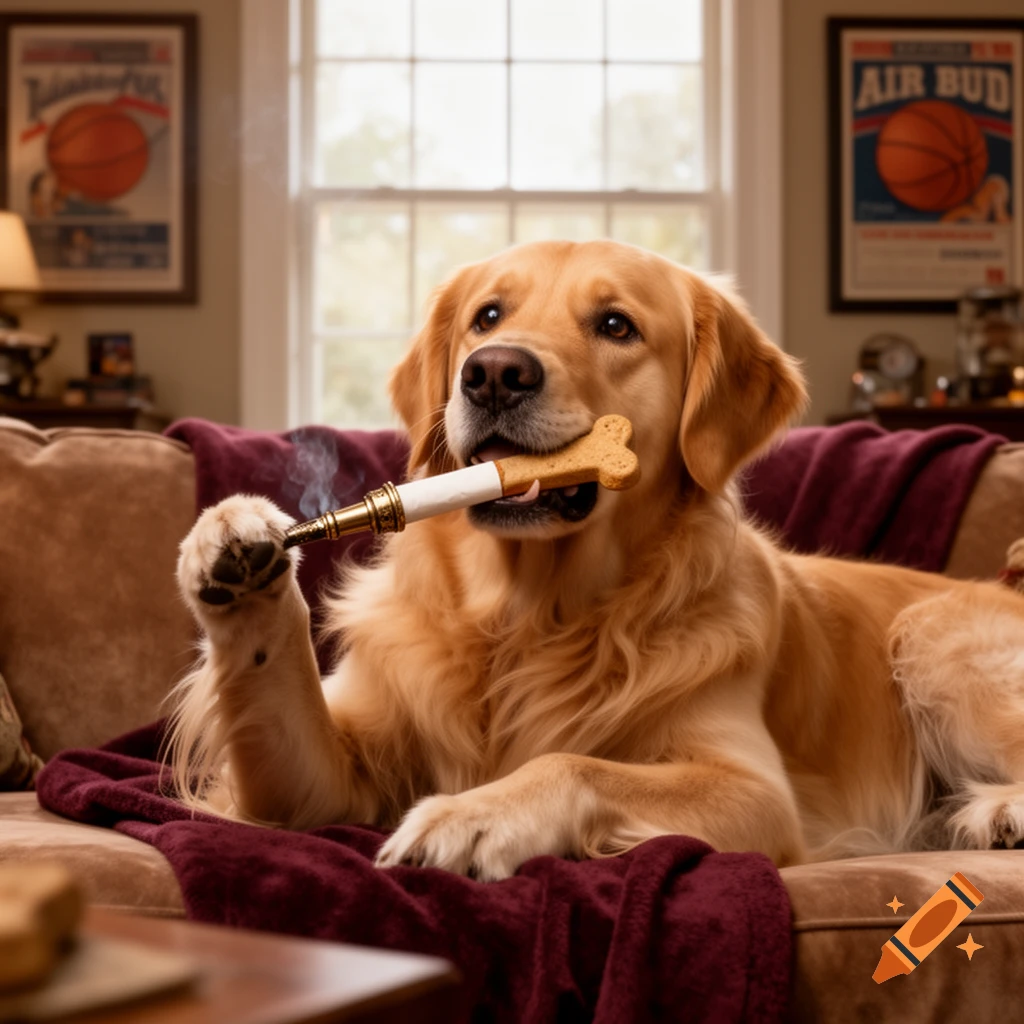 A Golden Retriever dog lounges on a brown couch, holding a bone-shaped pipe with its paw and mouth, with smoke rising. A poster for 'AIR BUD' is visible in the background.