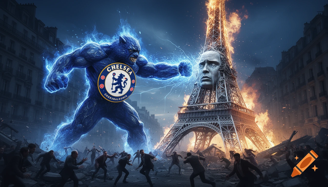 Giant blue beast with a Chelsea FC crest punching a crying Eiffel Tower, as people flee a chaotic, fiery cityscape at night.
